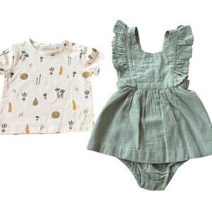 Bout'chou Bio Vegetable Print Tee & Sage Muslin Ruffle Romper Set Baby 9M
